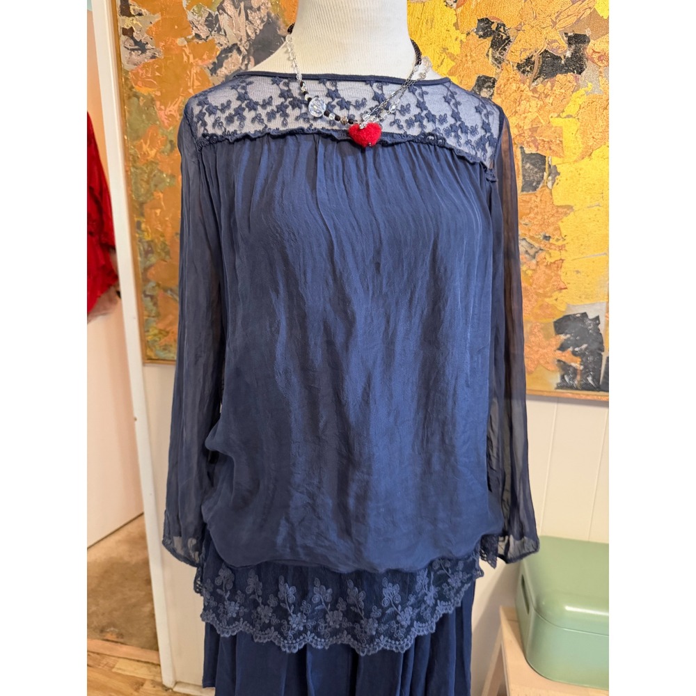 Carla Conti Italy Navy Blue 100% Silk Lace Trim Long Sleeve Blouse Top Large